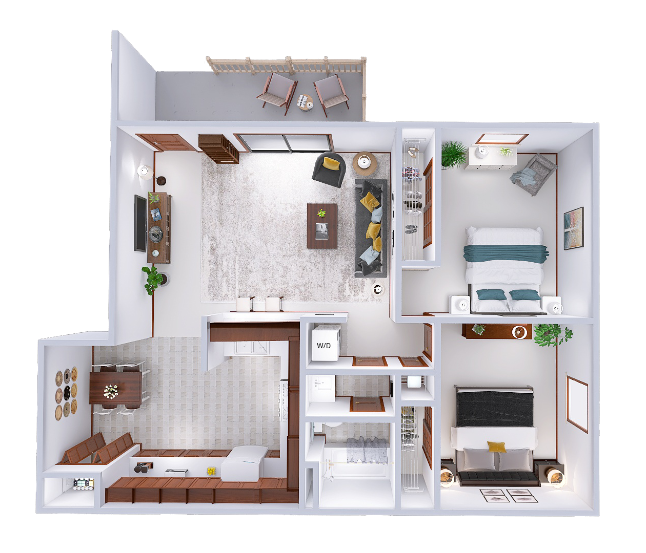 Floor plan for 2 beds, 1 bath, 943 sqft